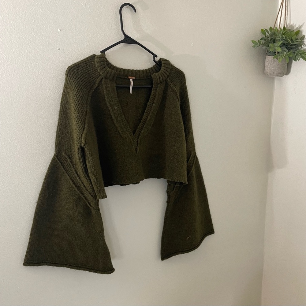 Free People Cropped Bell-Sleeve Green Sweater with V-Neck
